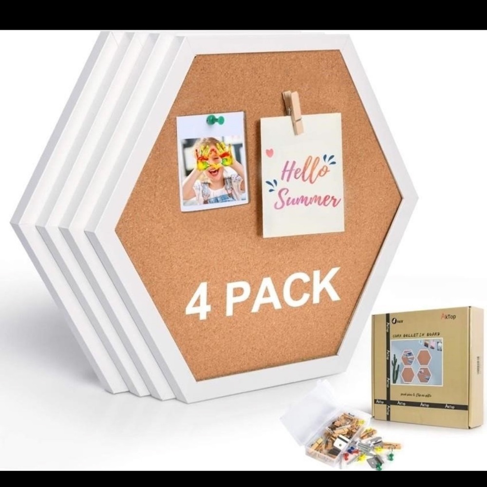 New in Box Hexagon AKTOP Hexagon Cork Board Set 4 Pack, White